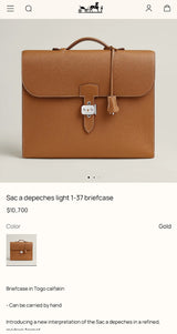 $10,700 HERMES Sac a depeches light 1-37 briefcase Gold Togo calfskin