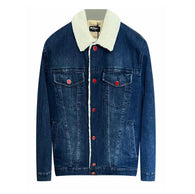 $14K Denim Blue Aviator Jacket 50 Lambskin fur-lined