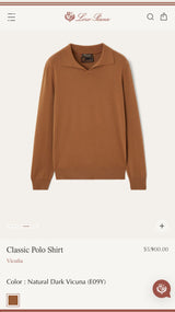 $5,900 LORO PIANA Vicuna Classic Polo Shirt 50