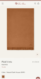 +$15K LORO PIANA 100% Vicuna Plaid Unito, Blanket (200 X 150 cm)