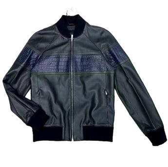 $50K HERMES Blue Crocodile & Black Lambskin Leather Bomber Jacket 48