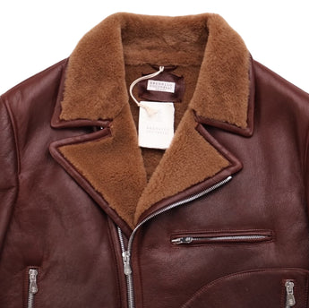 $12,400 BRUNELLO CUCINELLI M Biker Shearling Leather Jacket Brown