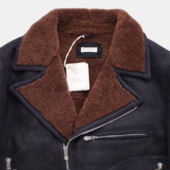 $12,400 BRUNELLO CUCINELLI M Biker Shearling Leather Jacket Navy blue