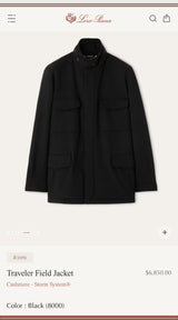 $6,850 LORO PIANA 48 Traveller Field Jacket Black Cashmere Storm System®